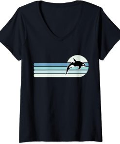 Womens Retro Whale Orca V-Neck T-Shirt