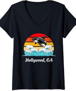 Womens Vintage Hollywood CA Distressed Orca Killer Whale Art V-Neck T-Shirt