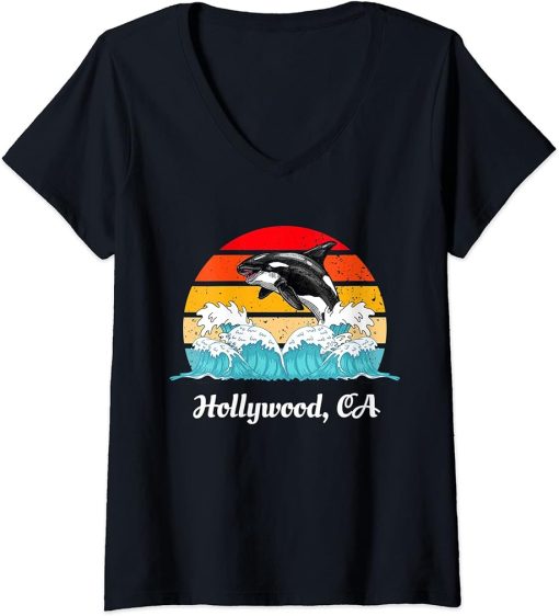 Womens Vintage Hollywood CA Distressed Orca Killer Whale Art V-Neck T-Shirt