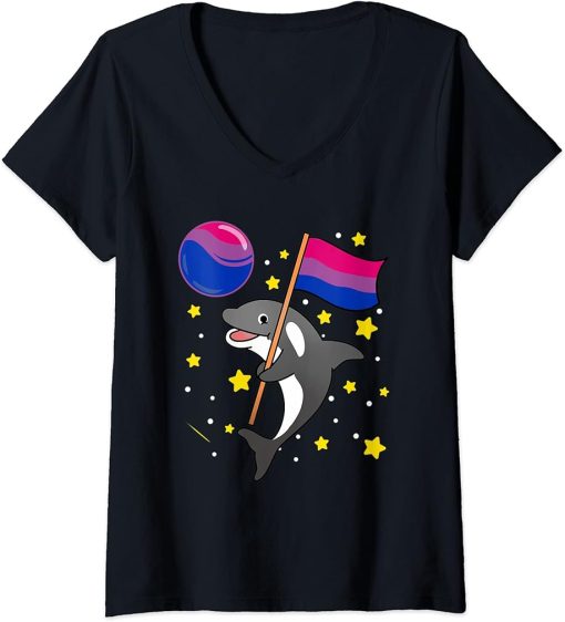 Womens Orca In Space Bisexual Pride V-Neck T-Shirt