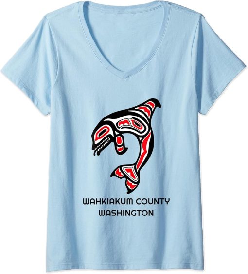 Womens Wahkiakum County WA Native American Indian Orca Killer Whale V-Neck T-Shirt